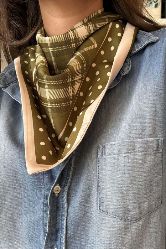 Plaid & Polka Border Triangle Silk Neckerchief Olive